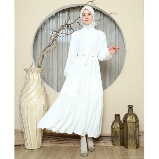 Image of Elbise Beyza Dress - Dress Putih Elegan Mewah / Gamis Motif Renda Belt Busui Freindly