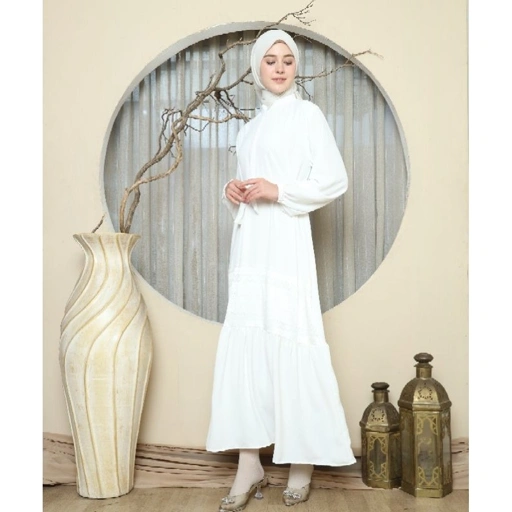 Image of Elbise Beyza Dress - Dress Putih Elegan Mewah / Gamis Motif Renda Belt Busui Freindly