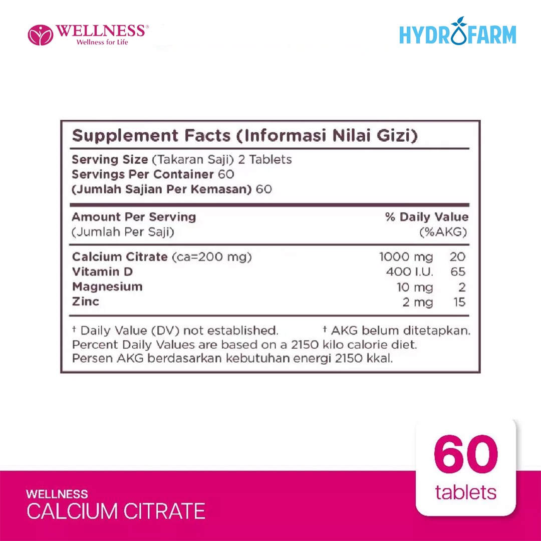Wellness - Calcium Citrate With Vitamin D Magnesium and Zinc (60 Tablets)