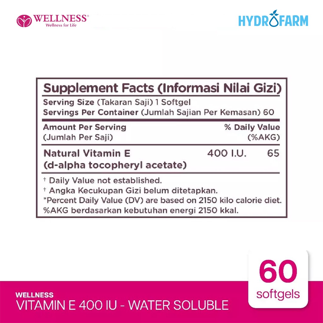 Wellness Natural Vitamin E 400 IU Water Soluble Bundle Promo Paket Buy1Get1 (60 Softgels)