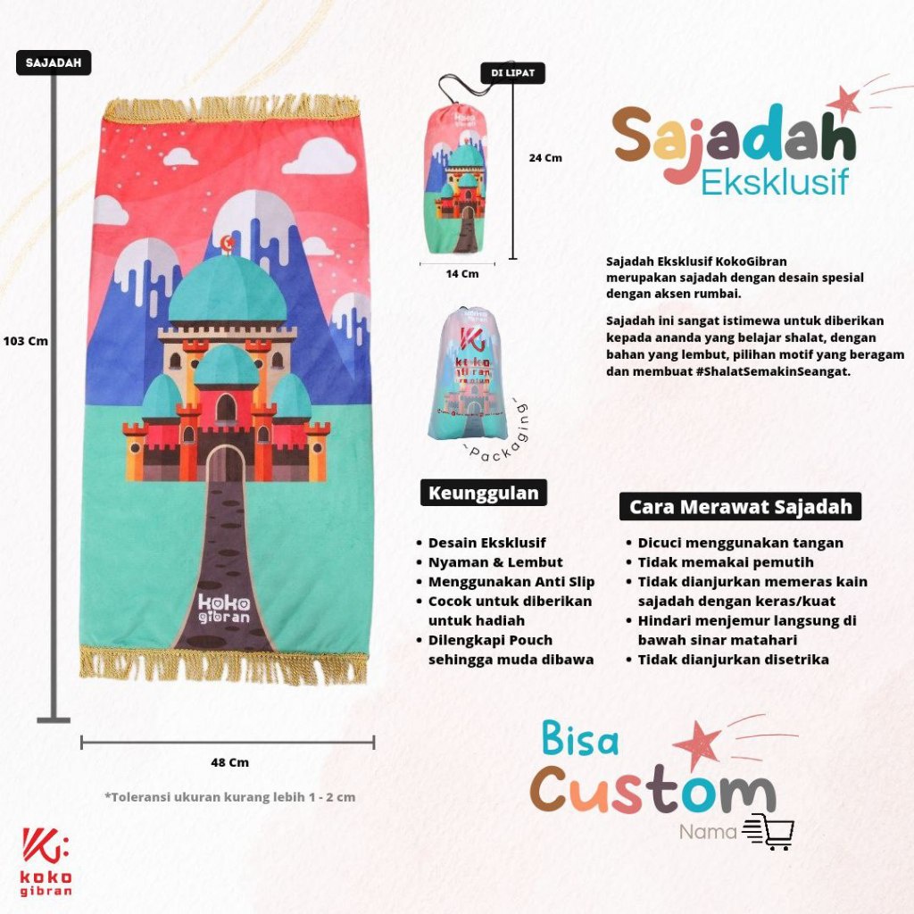 (READY ) Sajadah Anak Eksklusif KokoGibran / Sajadah Anak Custom Nama / Sajadah Anak Tebal (Girls Series)