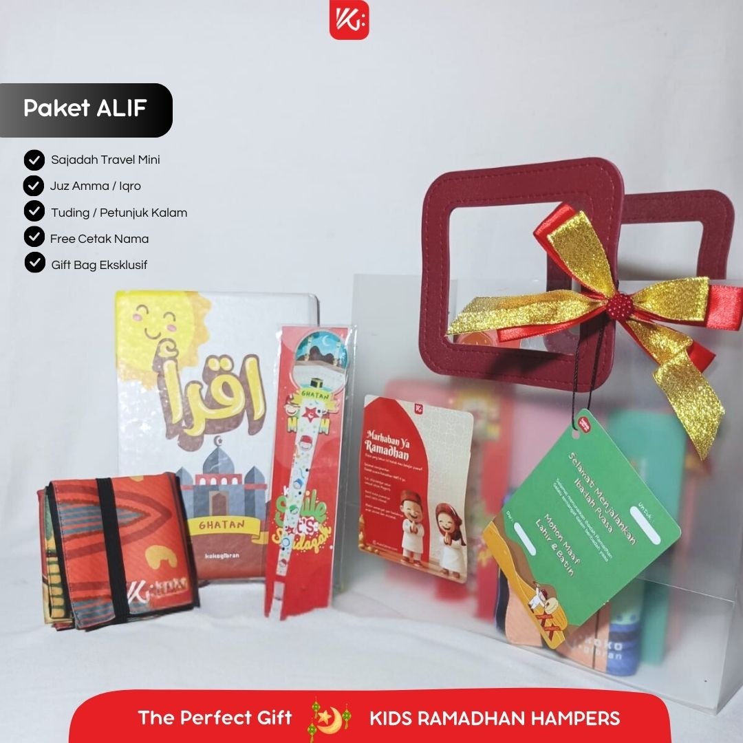 Hampers Ramadhan Anak KokoGibran – Sajadah Travel Custom Nama + Perlengkapan Mengaji (Paket ALIF)