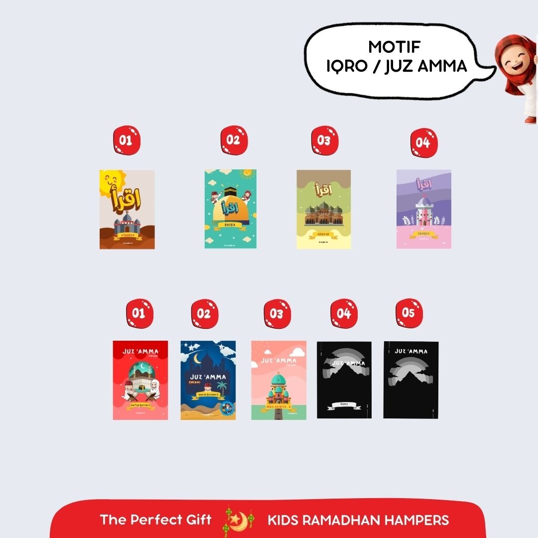 Hampers Ramadhan Anak KokoGibran – Sajadah Travel Custom Nama + Perlengkapan Mengaji (Paket ALIF)