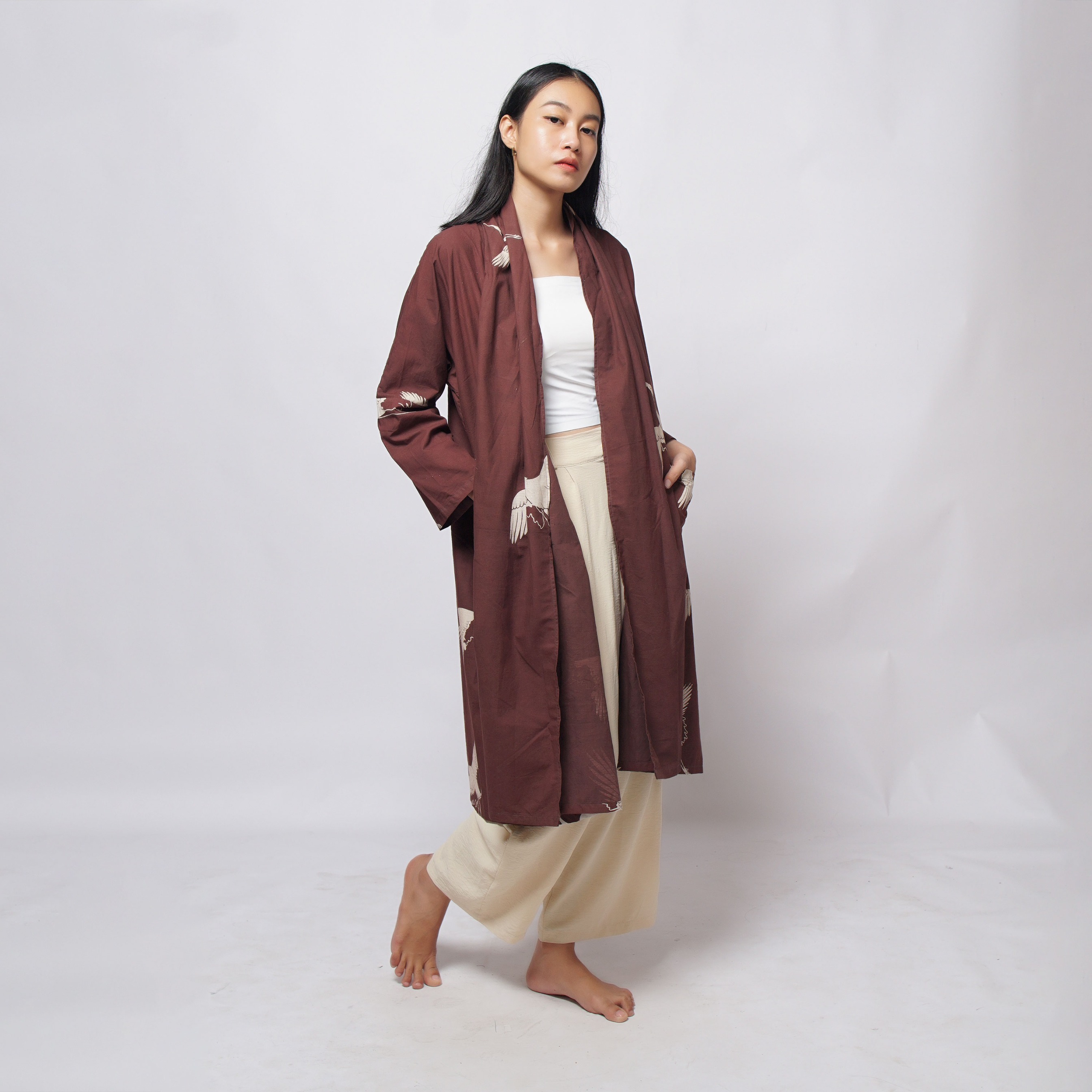 Crane Maroon Long Kimono Outer | Saka Asta