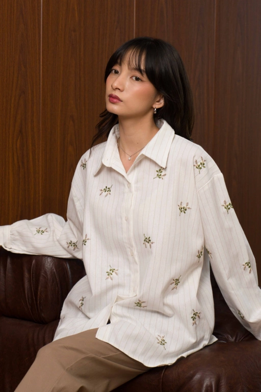 Image of Vivi Linen Embroidery Kemeja wanita premium - Simple modern look atCareena - linen shirt with embroirdery - kemeja wanita - kemeja linen - atasan wanita terbaru 
