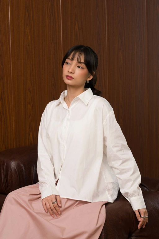 Image of Clara Kemeja wanita premium - Simple modern look atCareena - lace poplin shirt with lace detail 