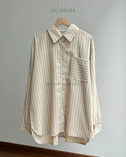 Image of Hana stripes Shirt  -  Kemeja wanita - Blouse wanita - Blouse muslim - Blouse korea - Kemeja korea - Blouse bergaris - kemerja bergaris - kemeja katun - kemeja oversize - kemeja wanita lengan panjang - kemeja wanita polos - kemeja basic