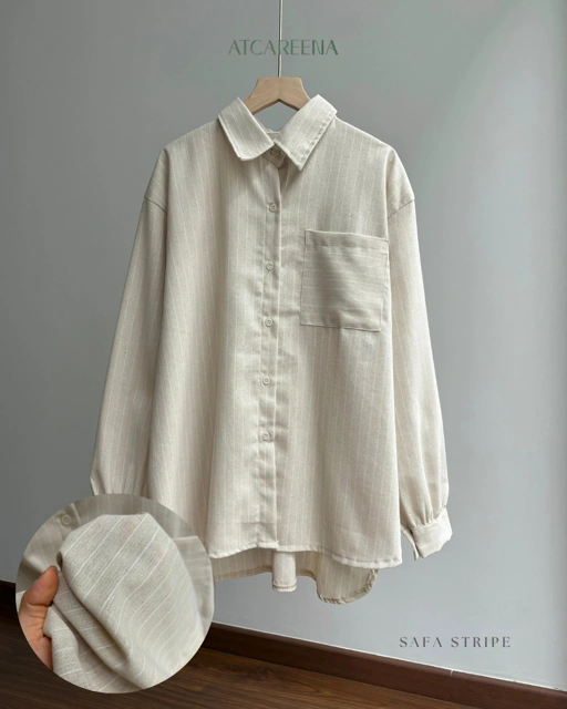 Image of Safa stripes shirt  -  Kemeja wanita - Blouse wanita - Blouse muslim - Blouse korea - Kemeja korea - Blouse bergaris - kemerja bergaris - kemeja katun - kemeja oversize - kemeja wanita lengan panjang - kemeja wanita polos - kemeja basic