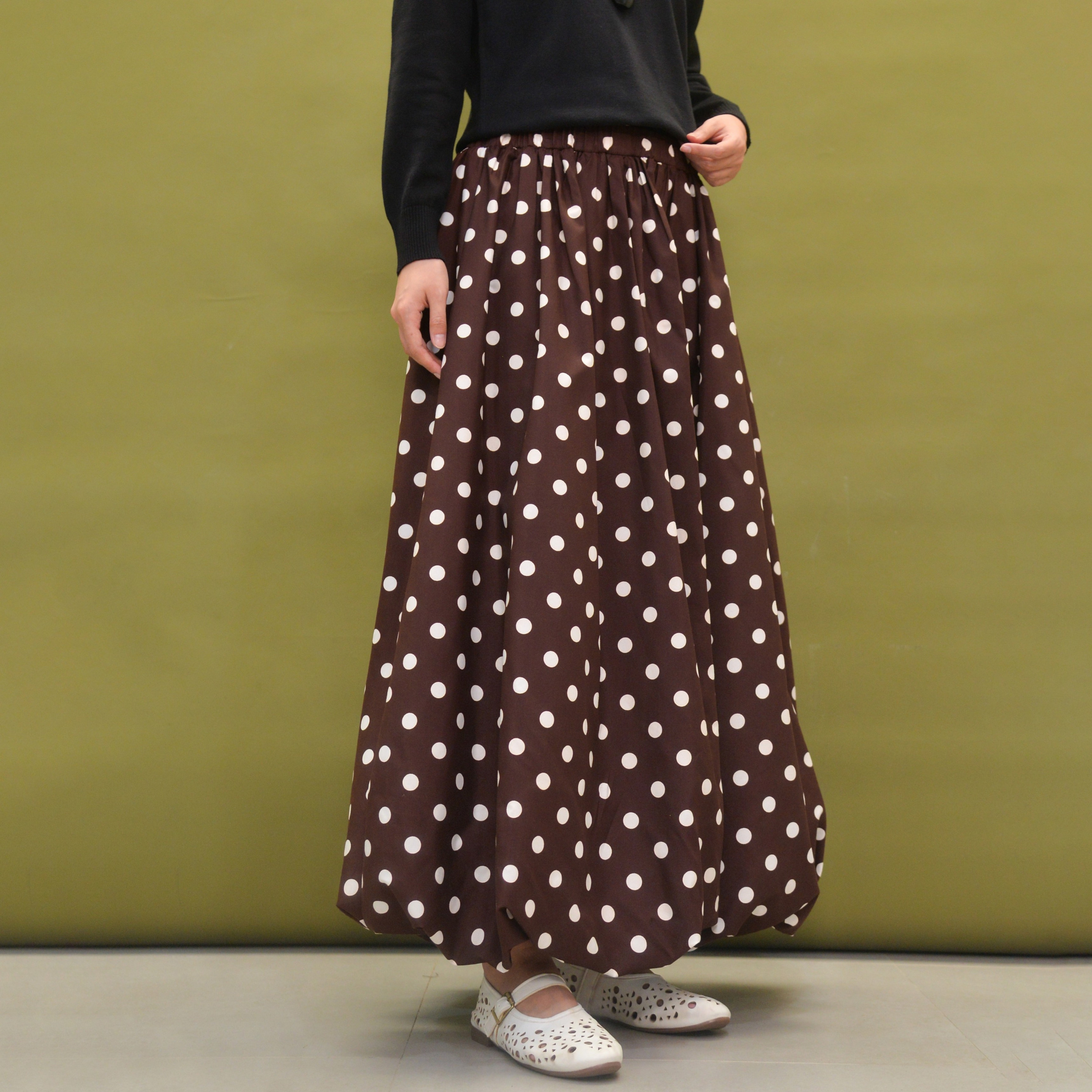 Polka Balloon Skirt Brown