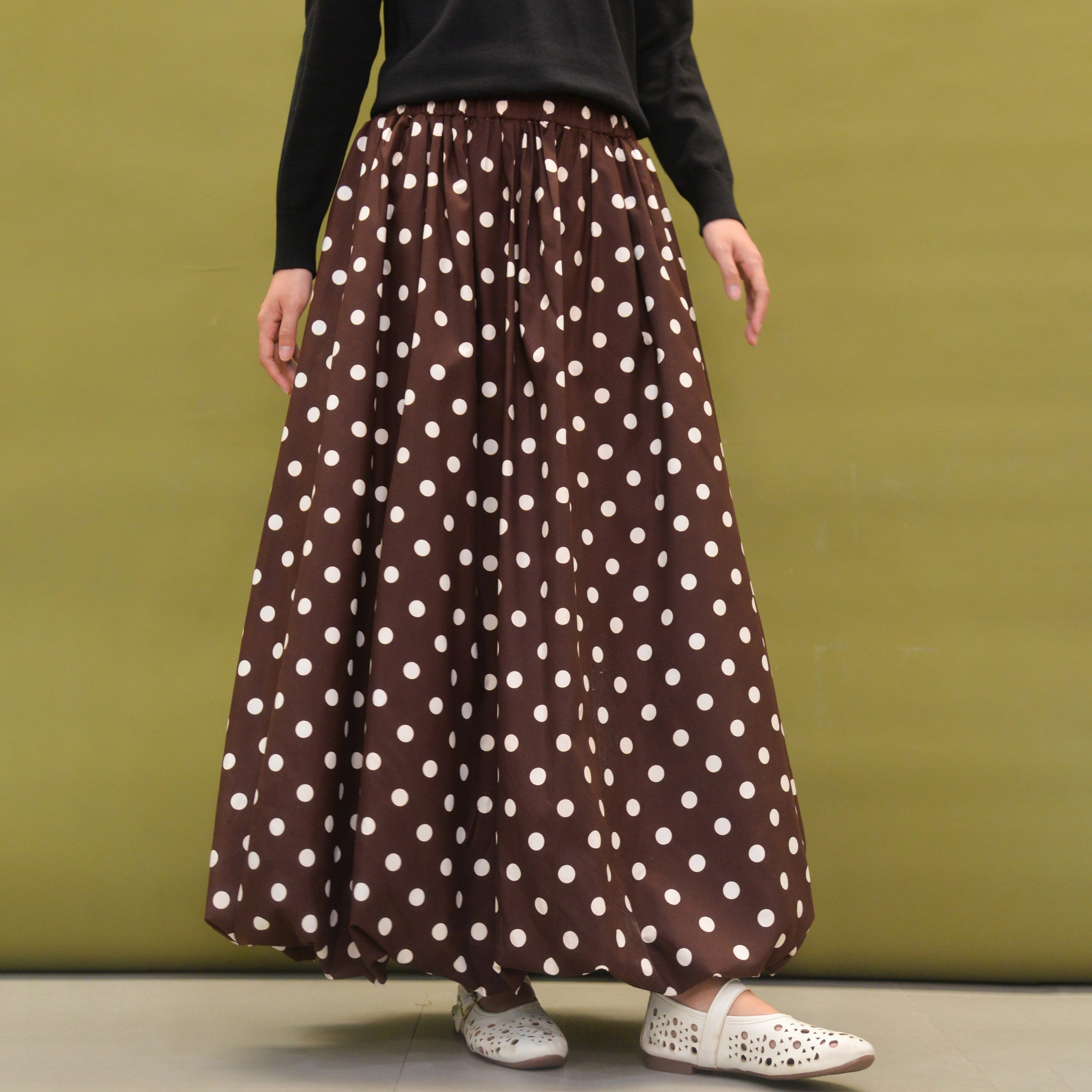 Polka Balloon Skirt Brown
