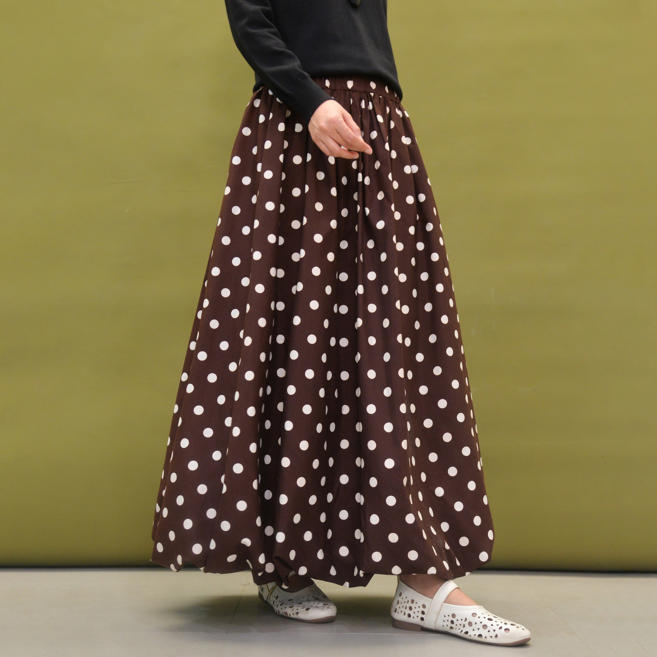 Polka Balloon Skirt Brown