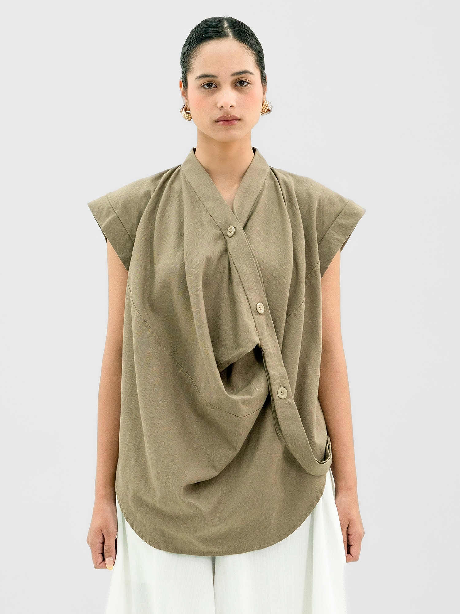 Drapery Collar Blouse (Short Sleeve)
