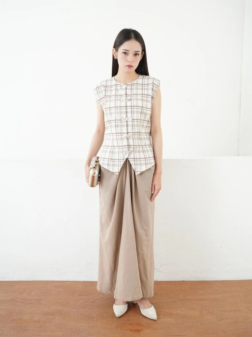 Image of Serene Plaid Set I Shopinkae I Vest Plaid I Outer Kotak Kotak I Rok Linen I Setelan Wanita