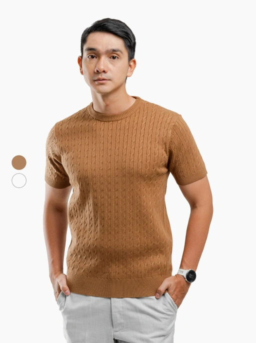 Image of Viscose Cable Crewneck Short Sleeve Knitwear
