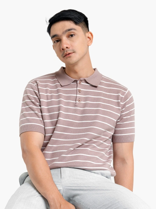 Image of Mocca Viscose Boxy Polo Stripe Knitwear