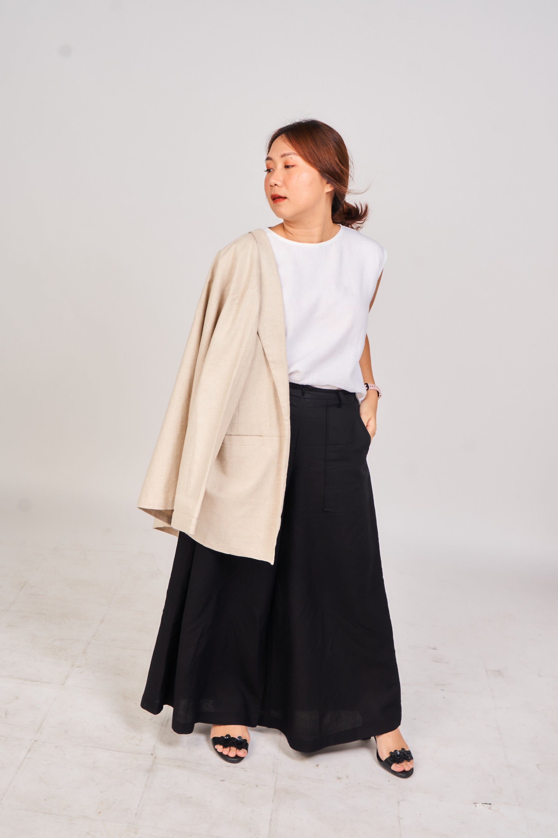 LINEN WIDE PANTS BLACK