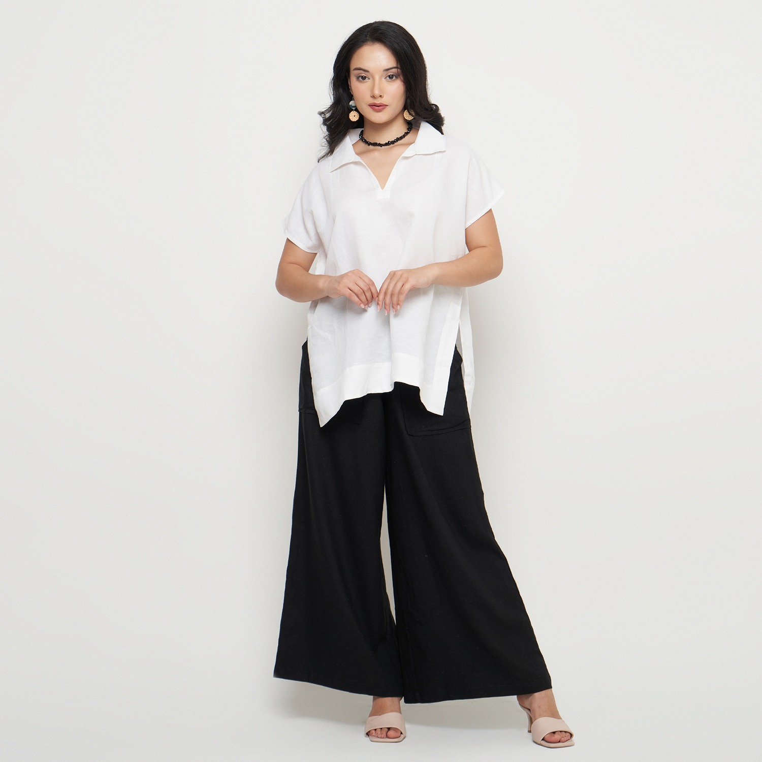 LINEN WIDE PANTS BLACK