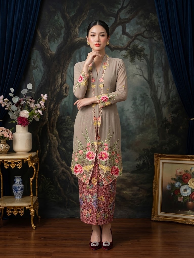 ZAALI - Long Kebaya Peony Embroidery