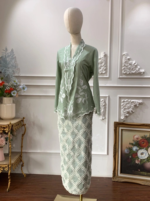 Image of ZAALI -  Kebaya Cala Lily Sage Set with Tenun Skirt