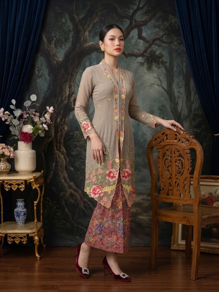 ZAALI - Long Kebaya Peony Embroidery