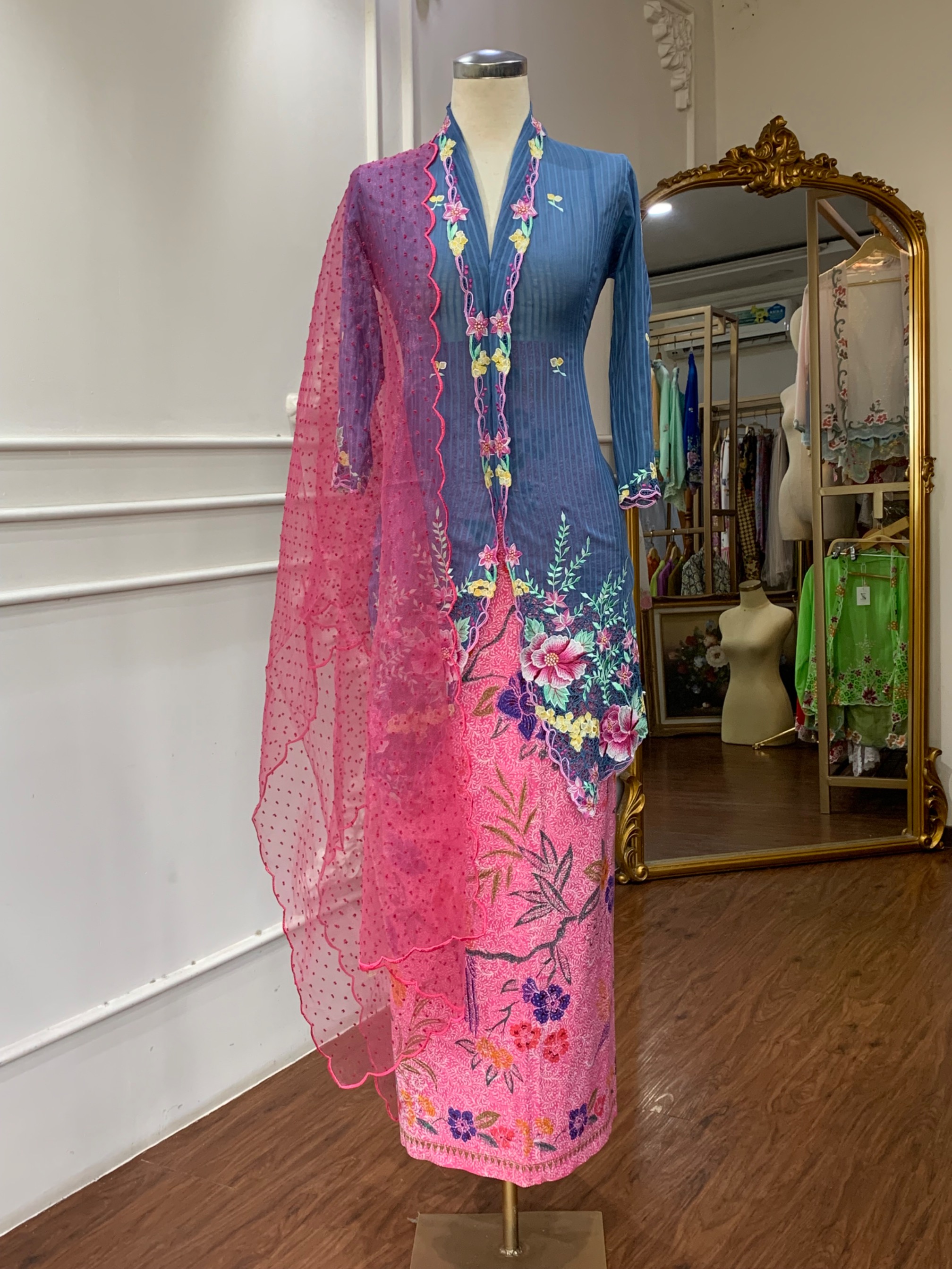 ZAALI - Kebaya Blue Peony Set with Skirt and Shawl