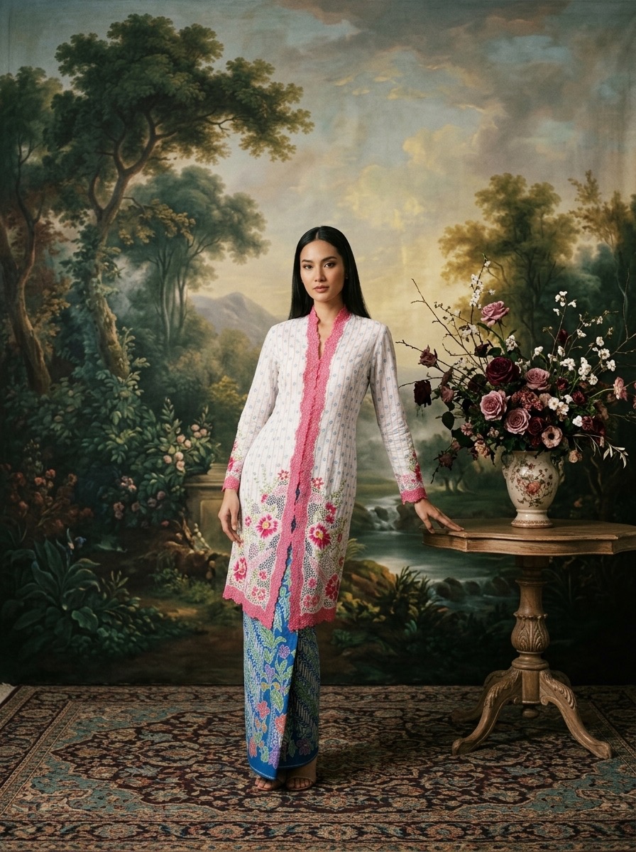 ZAALI Long Kebaya Peony Stripe Blue Lace