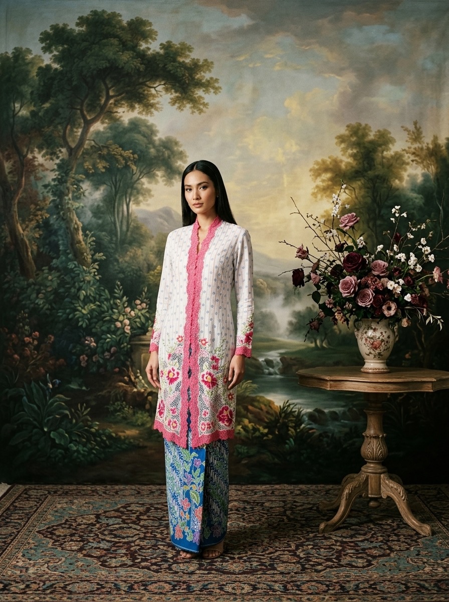 ZAALI Long Kebaya Peony Stripe Blue Lace