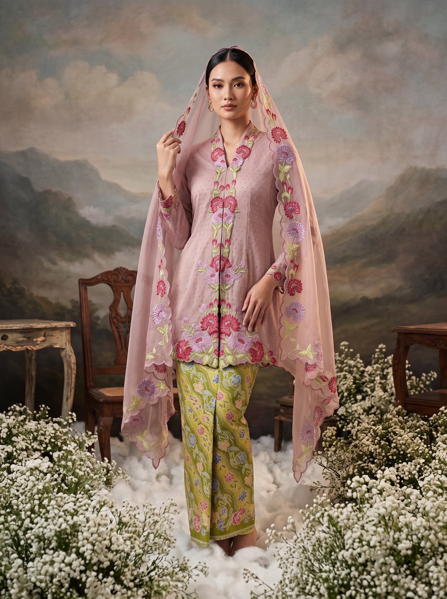 ZAALI - Long Kebaya Seruni Set with Shawl