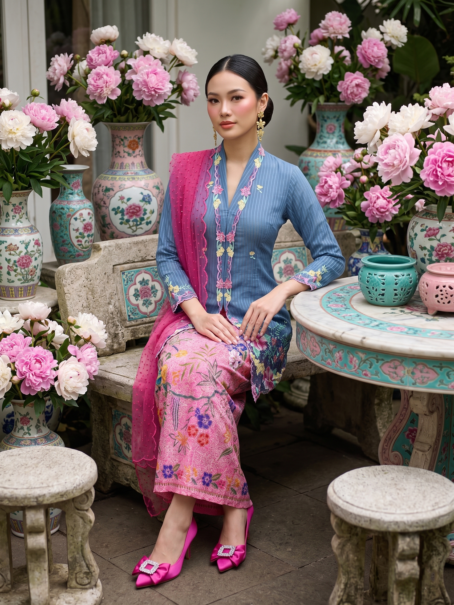 ZAALI - Kebaya Blue Peony Set with Skirt and Shawl