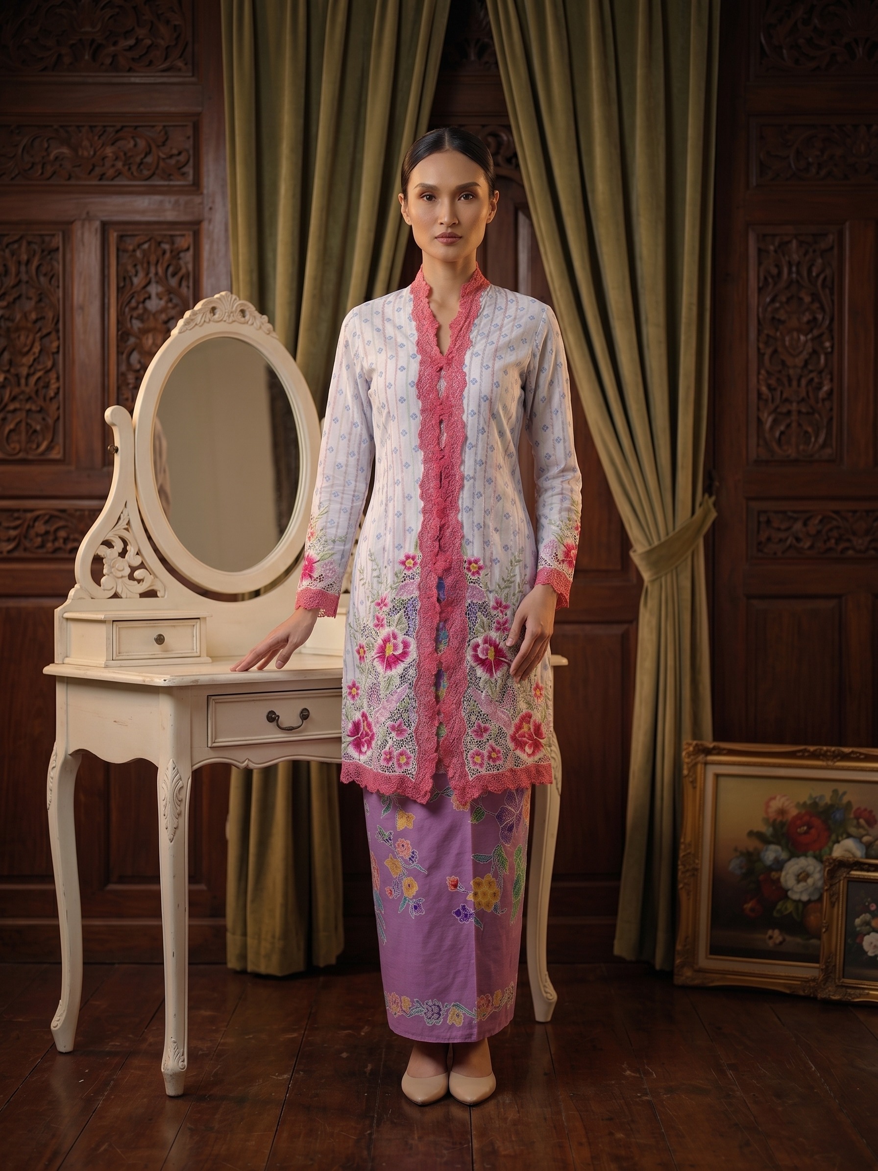 ZAALI Long Kebaya Peony Stripe Blue Lace