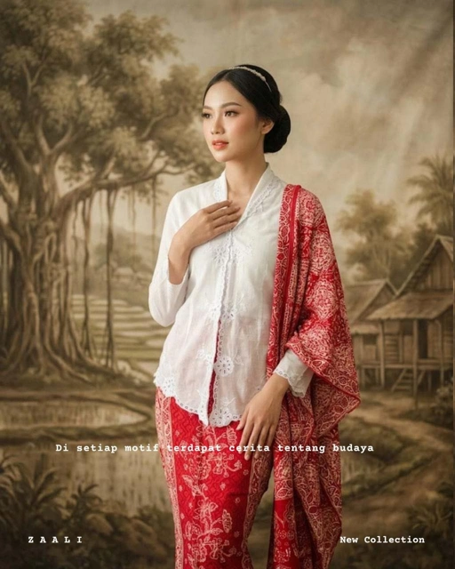 ZAALI - Kebaya Lotus Red White Set