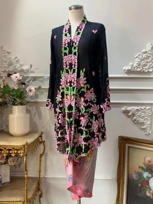 Image of ZAALI - One Set Long Kebaya Black Orchid with Pink Skirt