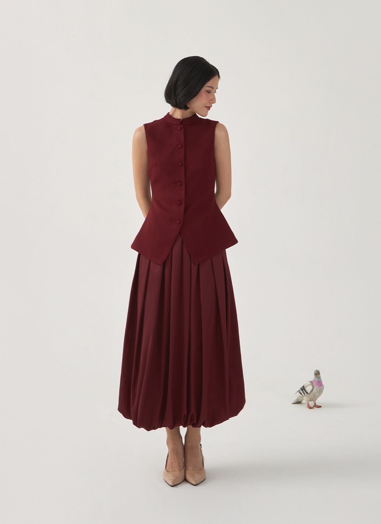 Puff Sateen Baloon Skirt in Maroon