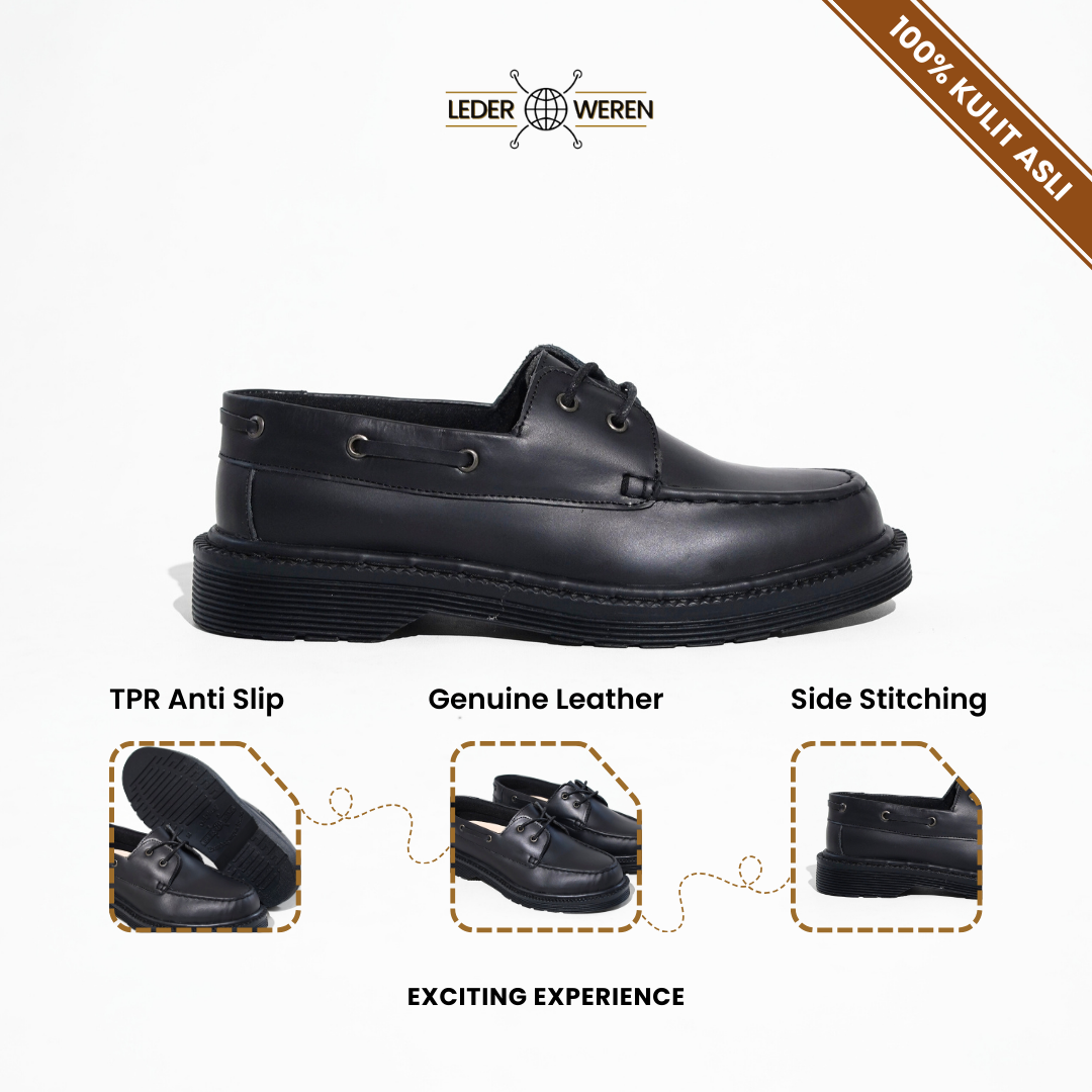Lederweren - Leder Loafer 5 Hitam - Sepatu Slip On Pria Hitam Bahan Kulit Sapi Asli Tinggi 2.5cm - Sepatu Pria Dewasa Flat Shoes tahan air sepatu formal