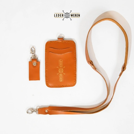 Image of Lederweren - ID CARD Holder Kulit Nametag Lanyard 2 Ruang Tempat Kartu / Lanyard Kulit / Leder Lanyard