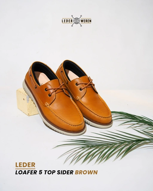 Image of Leder Loafer 5 Top Sider Tan - Sepatu Kulit Asli Pull Up Premium - Klasik & Awet