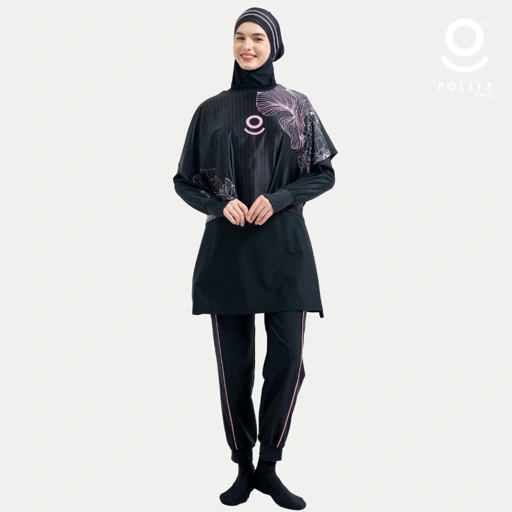 Image of Baju Renang Muslimah Premium Syar'i - 1SHARK BK-PI ROSE A LINE (BLACK - PINK)