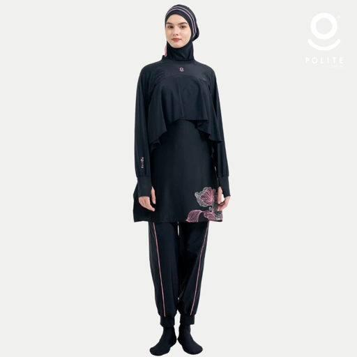 Image of Baju Renang Muslimah Premium Syar'i - 1SHARK FIN BK-PI ROSE A LINE (BLACK - PINK)
