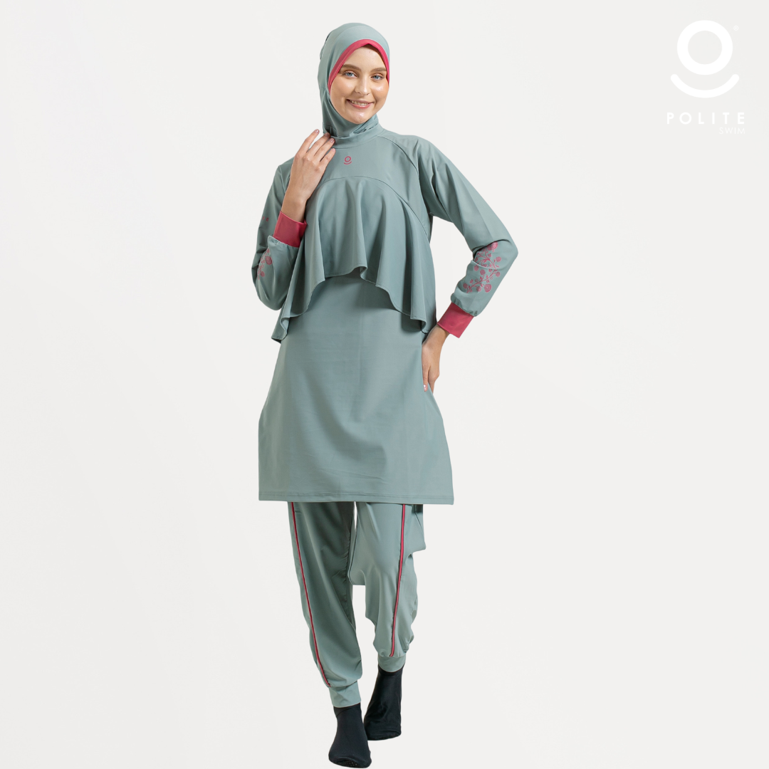 DEFECT Baju Renang Muslimah Premium Syar'i - 1WHALE FIN SG-RSF (SEA GREEN - RED SAFRON)
