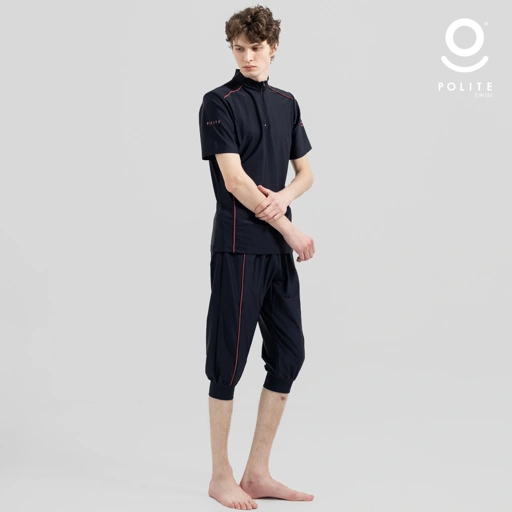 Image of Baju Renang Muslim Pria Lengan Pendek - FOR MEN SHORT BK-RP (BLACK - RED PLUM)