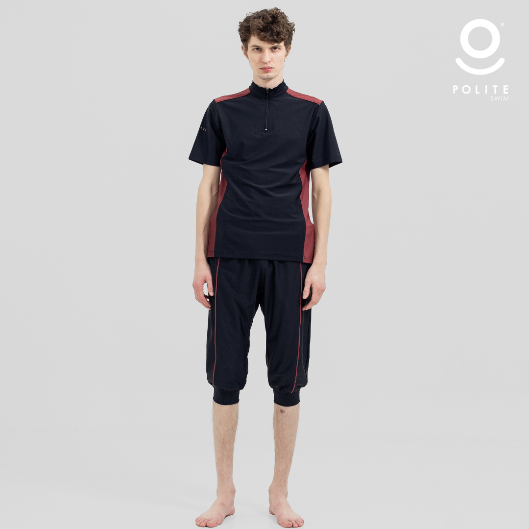 Baju Renang Muslim Pria Lengan Pendek - FOR MEN SHORT RP-BL (RED PLUM - BLACK)