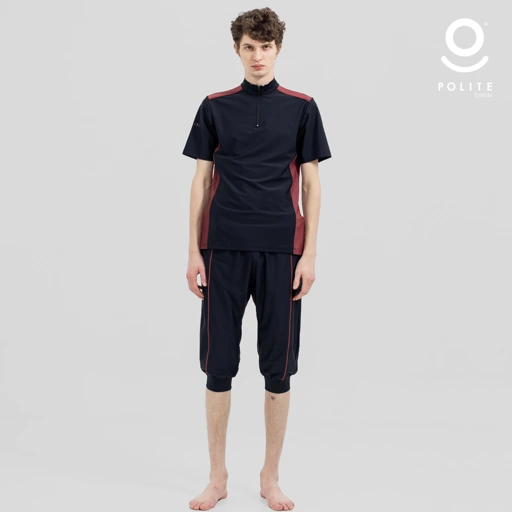 Image of Baju Renang Muslim Pria Lengan Pendek - FOR MEN SHORT RP-BL (RED PLUM - BLACK)