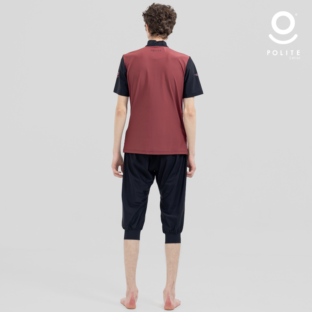 Baju Renang Muslim Pria Lengan Pendek - FOR MEN SHORT RP-BL (RED PLUM - BLACK)