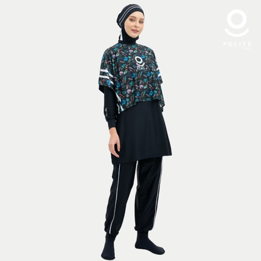 Image of Baju Renang Muslimah Premium Syar'i - 1SHARK BK-WH PRINTING (BLACK - WHITE)