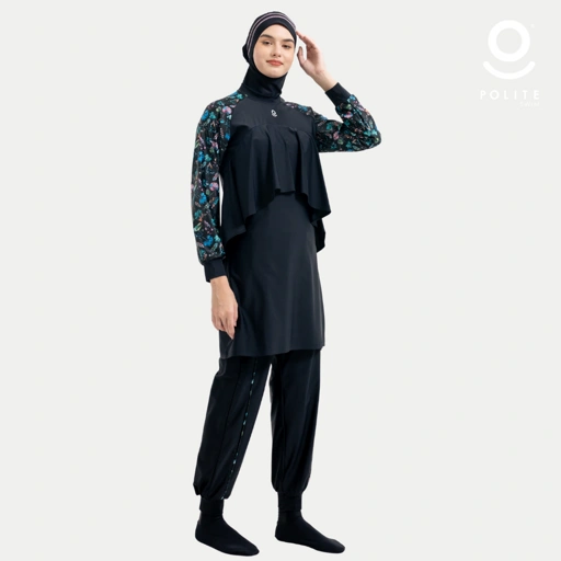 Image of Baju Renang Muslimah Premium Syar'i - 1SHARK FIN BK-WH (BLACK - WHITE)