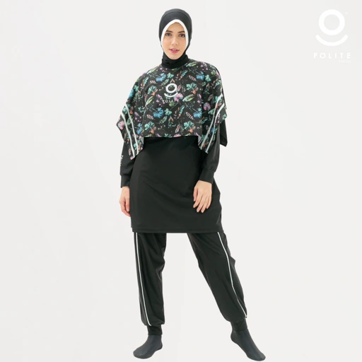 Image of Baju Renang Muslimah Premium Syar'i - 1WHALE BK-WH (BLACK - WHITE)