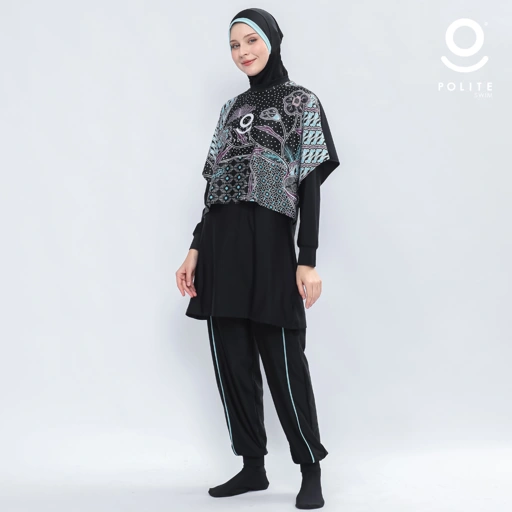 Image of Baju Renang Muslimah Premium Syar'i - 1WHALE BP-CB (BLACK PRINTING - CADED BLUE)
