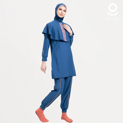 Image of Baju Renang Muslimah Premium Syar'i - 1WHALE DB-SO (DEEP BLUE - SALMON ORANGE)