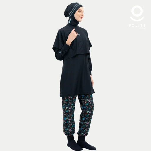 Image of Baju Renang Muslimah Premium Syar'i - 3SHARK BK-CB PRINTING (BLACK - CADED BLUE)