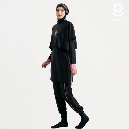 Image of Baju Renang Muslimah Premium Syar'i - 5SHARK BK-PI A LINE (BLACK - PINK)